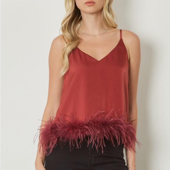 🍁🍁🍁ENTRO feathered Trimmed Spaghetti Strap in Rust🍁🍁🍁 - Picture 9 of 12